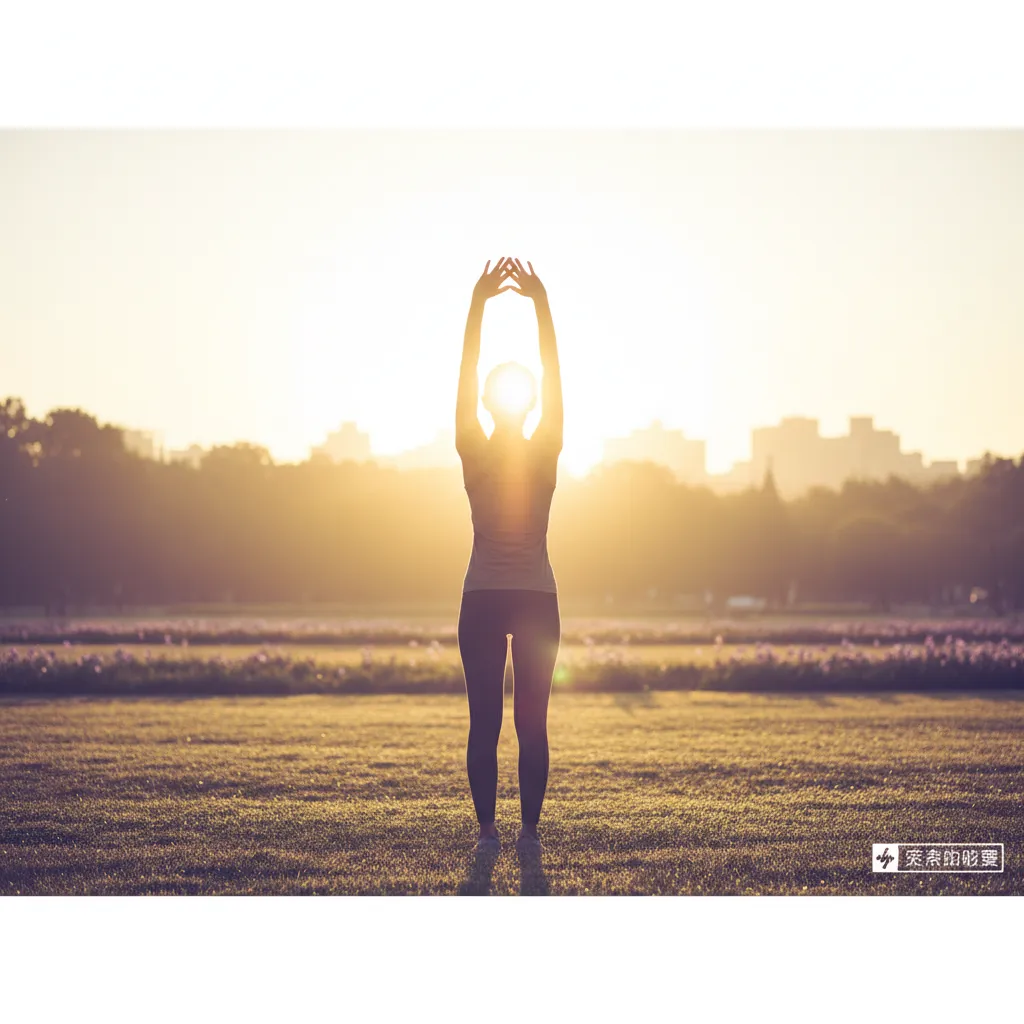 A person silhouetted against golden morning light outdoors, arms raised in a park - active lifestyle and daily wellness routine